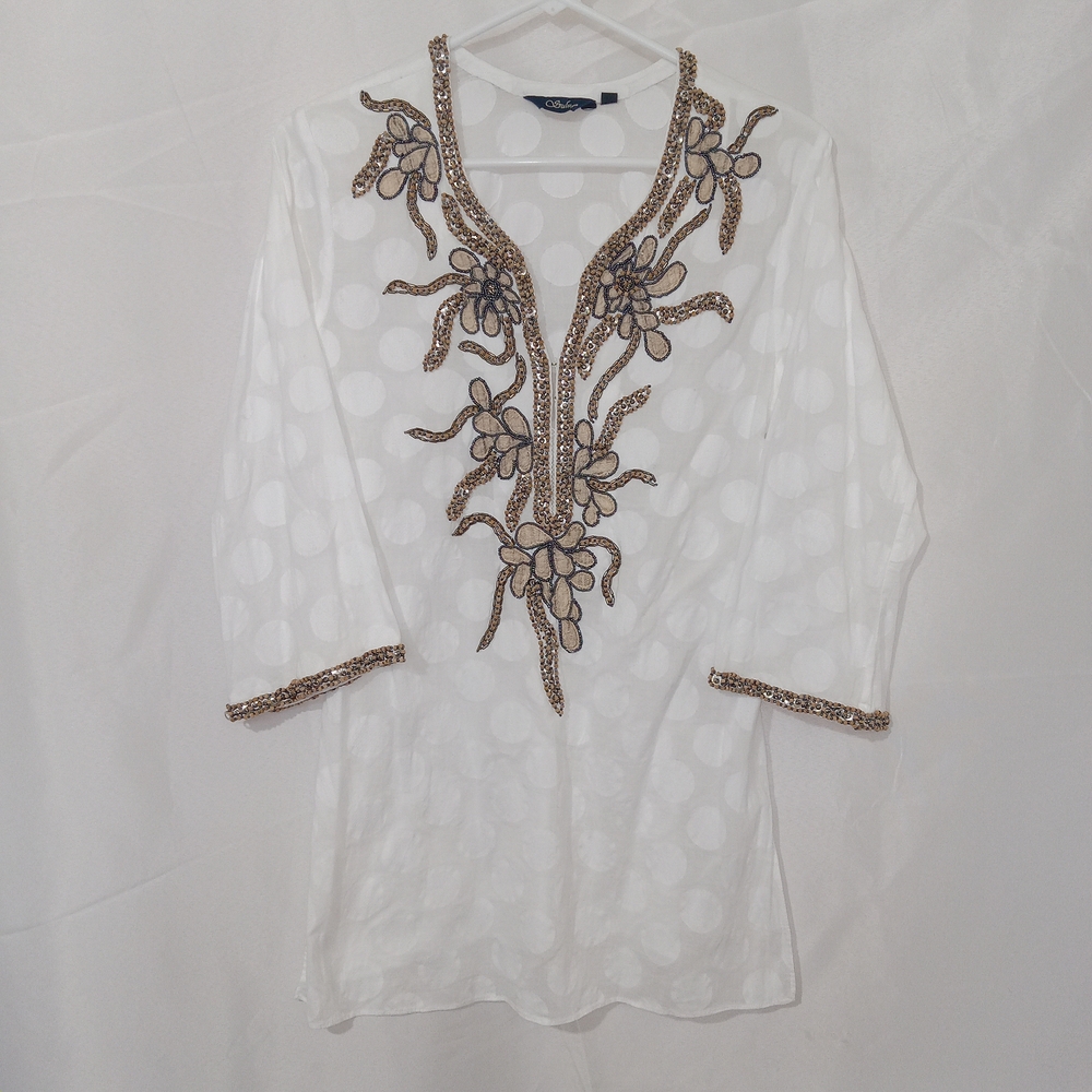 Sulu Size 6 White Embroidered Beaded Tunic Top Sheer 3/4 Sleeve Boho Chic